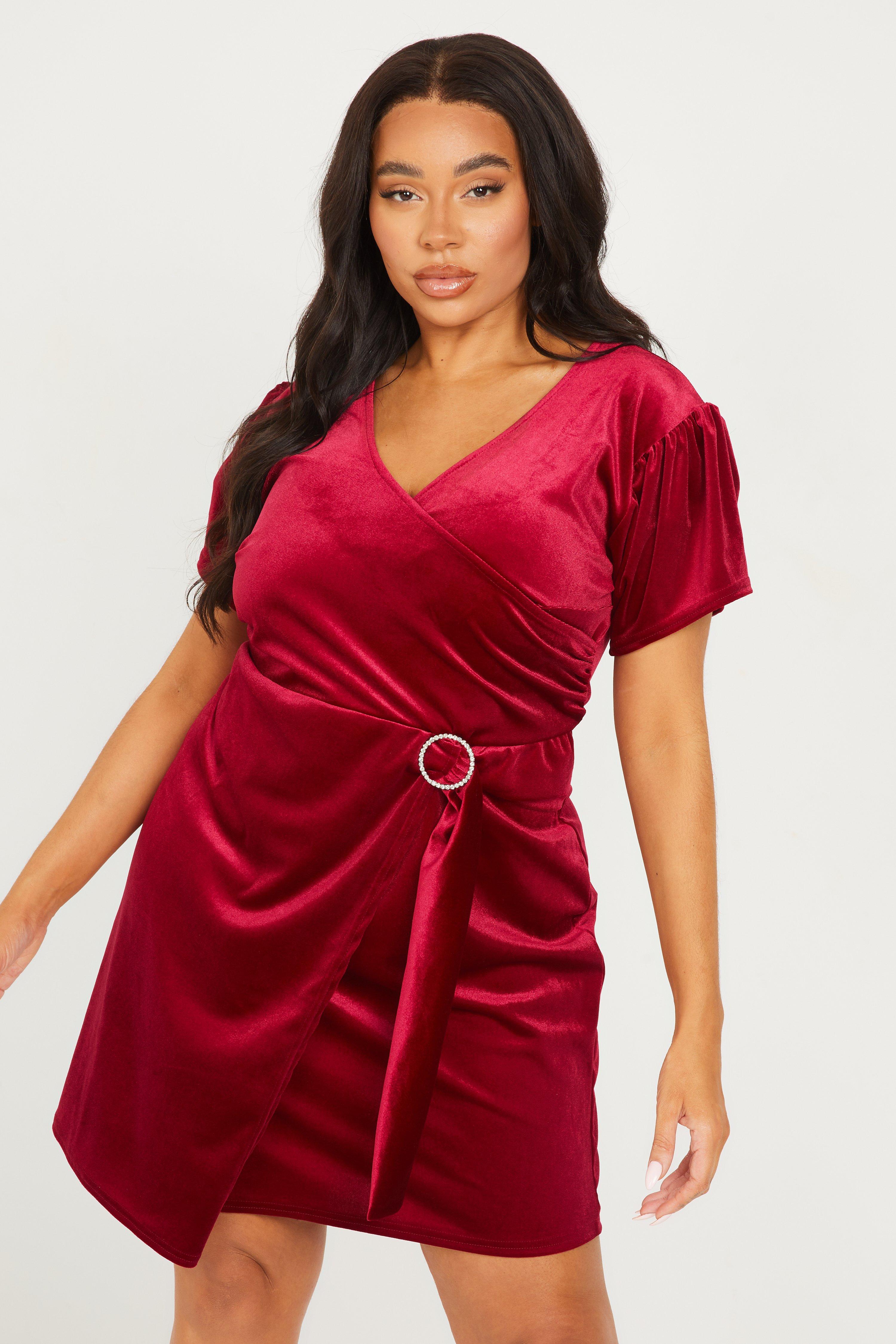 Curve Berry Velvet Wrap Dress - Quiz Clothing